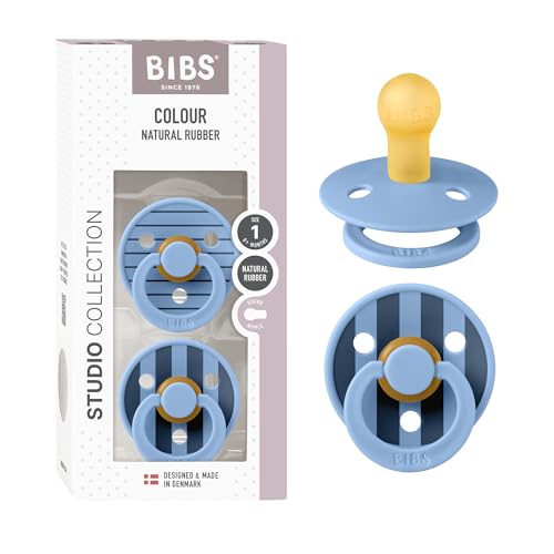 Image of BIBS Pacifiers - Studio 2 Pack | Round Nipple Baby Pacifier | BPA Free Natural Rubber Latex Soother | Made in Denmark | Size 0+ Months | Pin Sky Blue