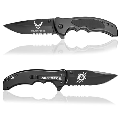 Military Gift Shop Air Force Tactical Knife-Spring Assisted, Black Titanium Coated, Reversible Clip-EDC Survival Tool USAF Gifts - Disabled Vet Owned Business-USAF SOT Knife