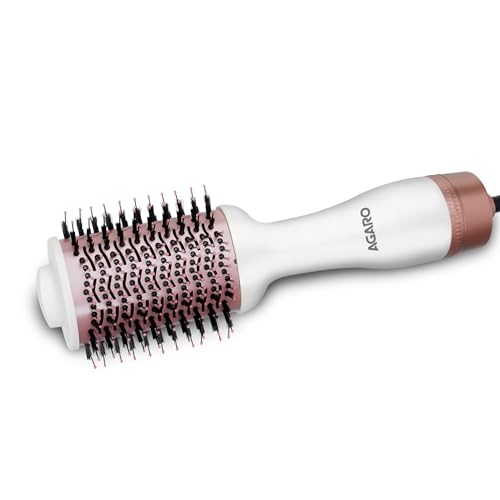 AGARO HV2179 Hot Air Brush for Hair, Hair Blow Dryer Brush, Volumizer & Styler, 360° Airflow Vent, Oval Barrel for Hair Volume, Charcoal Bristles, Ceramic Tourmaline Coating Brush Head, 1200W, White
