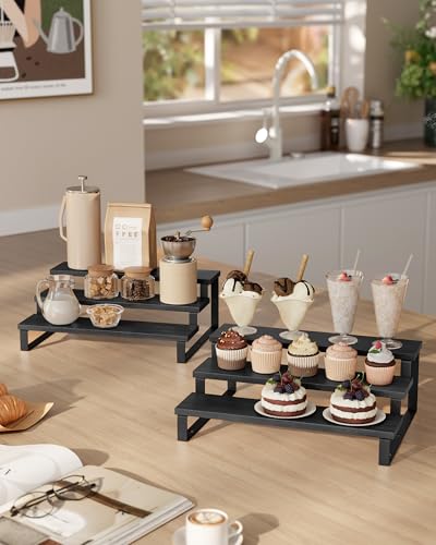Image of SONGMICS Display Risers, Set of 2 Engineered Wood Perfume Organizer Stand, 3-Tier Cupcake Stand Holder, Spice Rack, Shelf Risers for Figures, Dessert Shelves, Ebony Black and Ink Black UKCS116B01