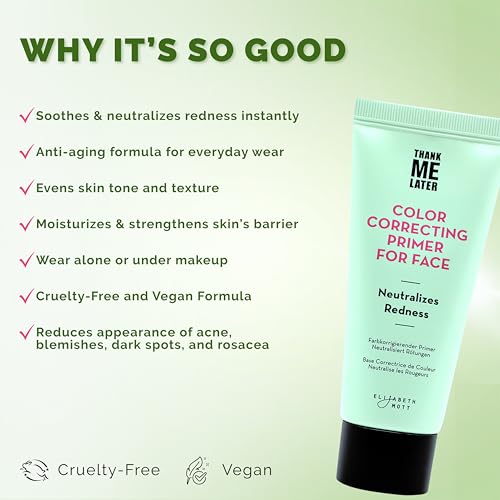 Elizabeth Mott Thank Me Later Color Correcting Face Primer - Niacinamide and Cica Soothes and Neutralizes Uneven Skin Tone and Facial Redness - Grips Makeup for Long-Lasting Wear - Cruelty-Free, 30g