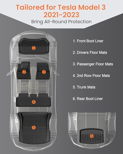 Tesla Model 3 Floor Mats 2021–2023, All-Weather Custom Fit Full Set Car Mats (6pcs) with Front & Rear Cargo Liner, Trunk Tray Interior Accessories, Pet & Child-Friendly - Image 2