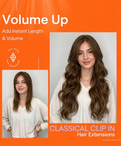 Image of Full Shine Human Hair Clip in Extensions 14 Inch Brown | Clip in Hair Extensions Real Human Hair, Straight Medium Brown Hair Extensions for Women, 7 Pcs 120g