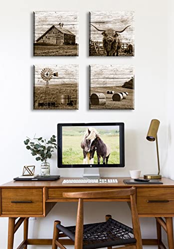 Djsylife Western Decor Farmhouse Wall Decor Highland Cow Wall Art Rustic Painting Poster For Men's Bedroom Office Canvas Printed Poster Home Decoration Artwork 12" Wx12 Hx4 #TOP4