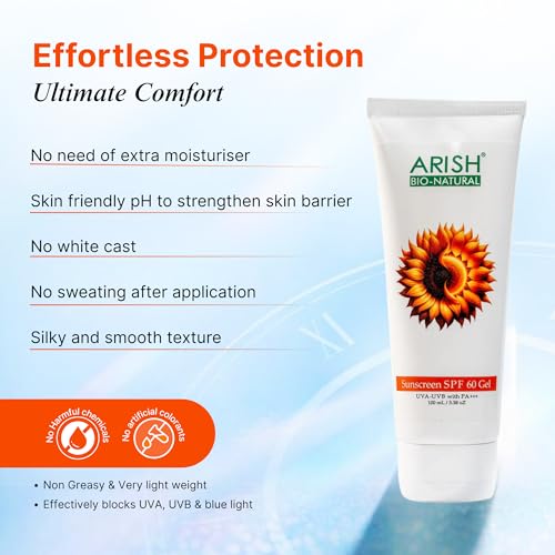 Image of ARISH BIO-NATURAL Sunscreen SPF 60 PA+++ Gel 100ml | Broad-Spectrum, Lightweight NonGreasy Formula with Aloe Vera & Zinc Oxide |High Protection for Face & Body |Sunscreen for Women & Men All Skin Type