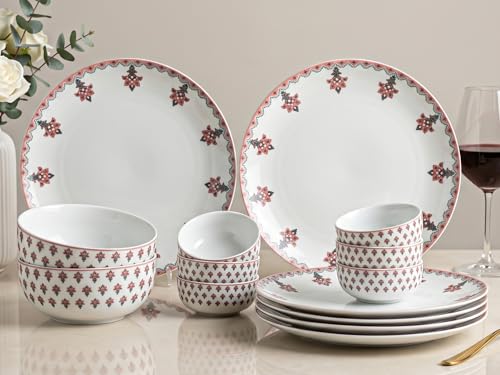 Image of Bodhi House Premium Porcelain Dinner Set 14 Pieces Serving for 6 | Pink Blossom Floral Design | Microwave & Dishwasher Safe | Crockery Set | Dinnerware Set for Home, Dining, Kitchen & Gifting