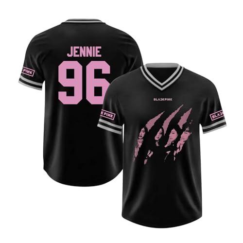 Maillot de Baseball imprimé Noir et Rose Kpop Lisa Jennie Jisoo Rose, t-Shirt de Baseball Hip-hop à col en V pour Les Fans de Musique 01-3 S