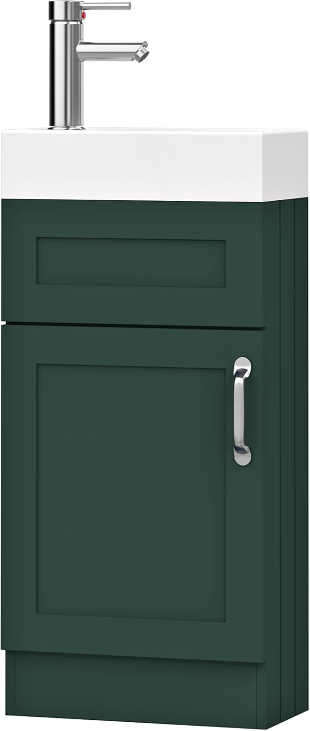 BELOFAY 400mm Floor Standing Bathroom Vanity Unit With Basin - Slim Waterproof Laquered Cloakroom Vanity Unit with 1 Tap Hole Ceramic Basin & Waste | Reversible Tap Fitting (Crawley Green) โ image 1
