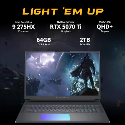 Image of Dell Alienware 18 18 inch WQXGA 300Hz Gaming Laptop, Intel Core Ultra 9 275HX, GeForce RTX 5070 Ti, 64GB RAM, 3TB Storage (2TB SSD+1TB Docking Station), Backlit Keyboard, Wi-Fi 7, Win 11 Pro, Black Teal