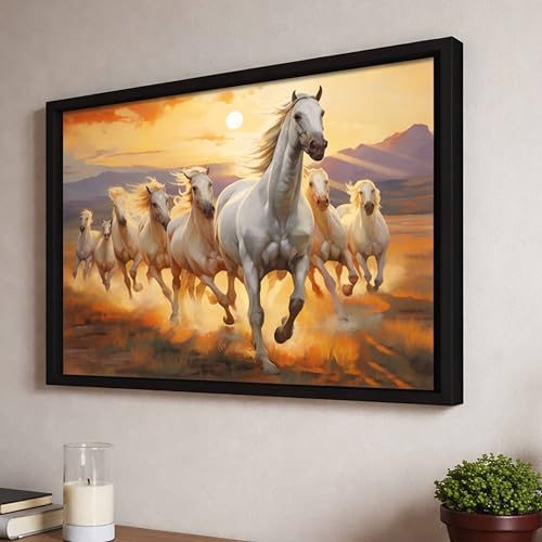 Image of 8 White Running Horses Vastu Framed Wall Art Painting for Living Room| Symbol of Success, Eight Horse Painting With Frame For Home & Office, 10x12 Inch