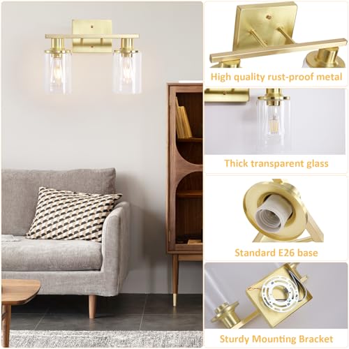 Image of 2-Light Gold Bathroom Vanity Light,Brushed Gold Bathroom Light Fixtures Over Mirror with Clear Glass Shade,Modern Wall Sconces Lighting for Kitchen Living Room Cabinet Hallway
