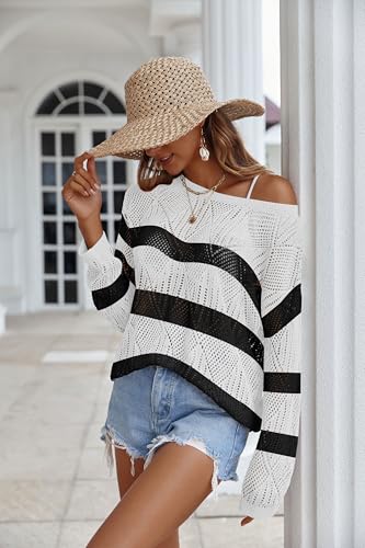 Image of Zeagoo Crochet Tops for Women Off The Shoulder Sweaters Summer Long Sleeve Hollow Out Knit Beach Clothes S-XXL