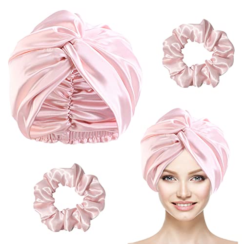 Satin Hair Wrap for Sleeping Pink Satin Bonnet Double-Sided Sleep Cap Sleep Turban Hair Bonnet with 2 Pcs Hair Scrunchies for Curly Hair Women Silk Sleep Cap with Elastic Bow Stay On Head