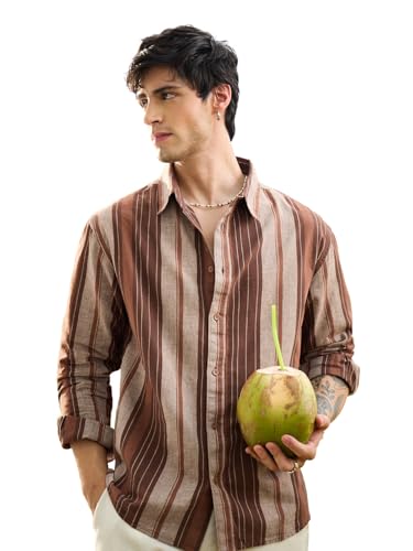 Image of The Souled Store Cotton Linen Stripes: Latte Men and Boys Long Sleeve Spread Collar Brown Striped Casual Easy to Style Everday Office Wear Cotton Linen Shirt