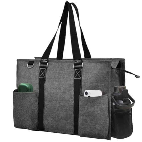 NGIL Zip-Top Tote Bag with Exterior Pockets, Crosshatch Gray