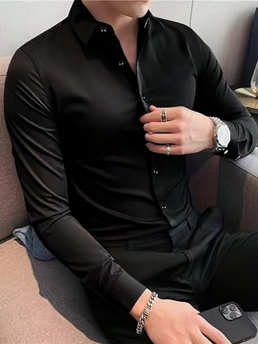 Image of IndoPrimo Men's Satin Shirt with Spread Collar Neck Line Solid Pattern Full Sleeves Regular Fit Western Style and Standard Length