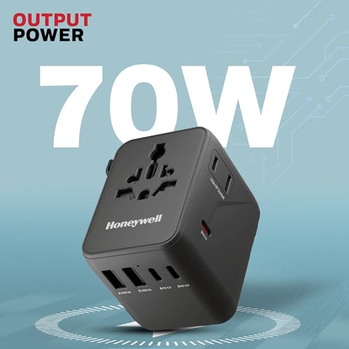 Image of Honeywell Universal Travel Adapter 70W, 7 in 1 Fast Charging, QC3.0 /PD, Universal & US Socket, 3 Type C, 2 USB A, Overload & overvoltage Protection, International Adapter for EU, US, UK & CN /AUS