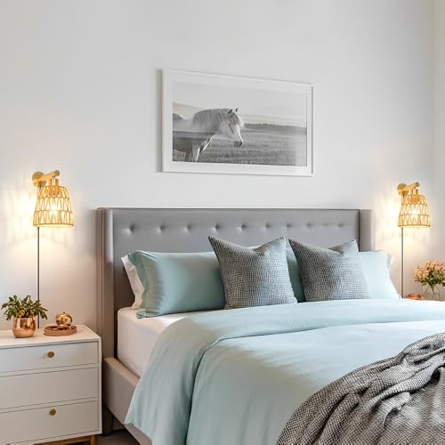 Image of Boho Plug in Wall Sconce Set of 2, Gold Plug Sconces Set of 2, Rattan Sconce Light Fixture with 5.9FT On /Off Switch Cord, Farmhouse Wall Mounted Light for Bedroom Living Room Reading Hallway