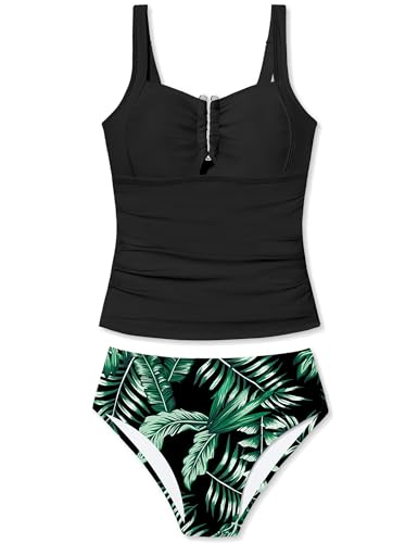 Girls Swimsuit Two Piece U-Shaped Ring Linked Cutout Ruched Tankini for Girls Bathing Suit Tropical Swim Shorts 9-16Y