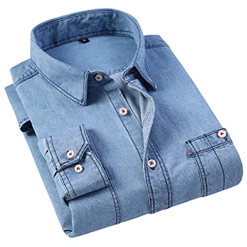 Chemise en jean avec poche avant boutonnée manches longues pour homme en bleu clair 4XL