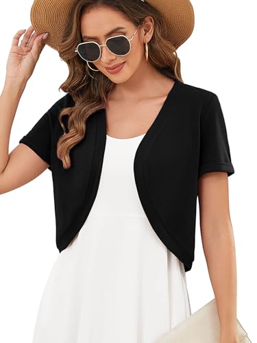 Heymoments Women's Short Sleeve Shrugs Black Large Lightweight V-Neck Open Front Cropped Cardigan Knitted Bolero Sweaters Elegant Dresses Cover Up