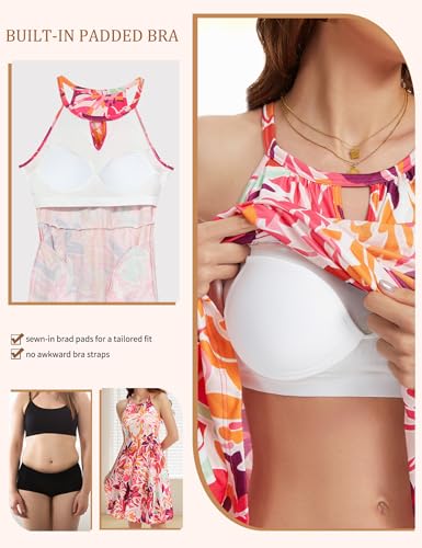 Image of JOYSHAPER Built in Bra Summer Dress Casual Beach Sundress Flowy Halter Dress with Pockets