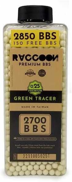Bote 3000 Bolas trazadoras 0,25 Verdes Amarillas Raccoon para Airsoft, se iluminan en la Oscuridad con un silenciador trazador