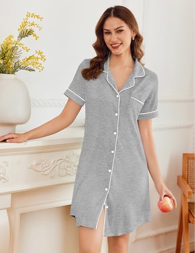 Image of Ekouaer Nightgowns for Women Button Down Sleepshirt Short Sleeve Nightshirt Boyfriend Pajamas V Neck Nightdress S-XXXL