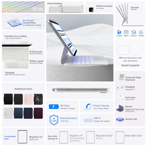 Image of typecase Keyboard Case for iPad Pro 13-inch (M5 2025 / M4 2024), Magic Keyboard with 11 Colors Backlight, Keyboard Case with Pencil Holder, Multi-Touch Trackpad, Easy-Set Magnetic Stand, White