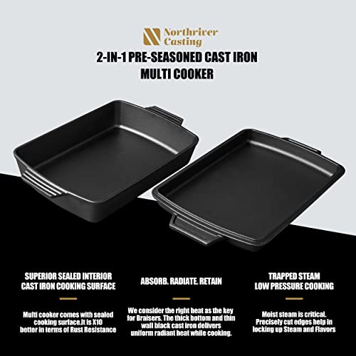 Image of Northriver Casting 2-In-1 Pre Seasoned Cast Iron Dutch Oven With Skillet Lid,Casserole Dish,Rectangular Baking Pan,Griddle Pot Set, 6QT, 9 inchx13 inch