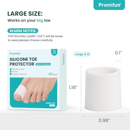 Image of Promifun Silicone Toe Protectors - 12 Pack Silicone Toe Sleeve for Hammer Toes, Corns, Calluses, Blisters - Soft Gel Toe Tube Pads for Pain Relief(Large Sizes, White)