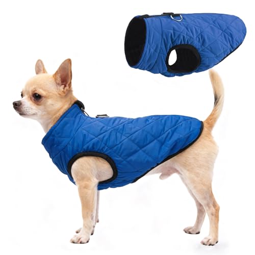 Image of SCENEREAL Winter Dog Vest Coat with Harness Built in for Small Medium Dogs | Cold Weather Coat with Zipper, Fleece Puffer Vest Windproof Snow Clothes, Blue S