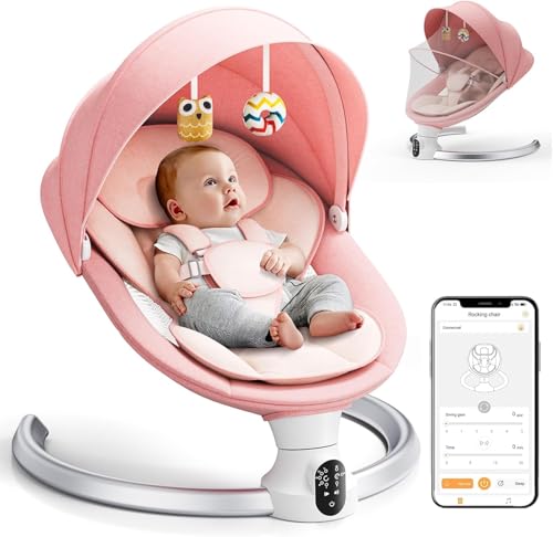 Helangel Columpio para bebés, balancín eléctrico con aplicación y mando a distancia, arnés de 5 puntos mejorado, 10 canciones Bluetooth y 5 velocidades, soporta 9 kg