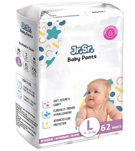 Image of Jr. Sr. Baby Diaper Pants | Large (L) Size (9-14 kg), 62 Count | Pack of 6 | Upto 12 hr Absorption with Advanced Leak Protection | Safe For Babies Skin | Soft, Secure & Comfy