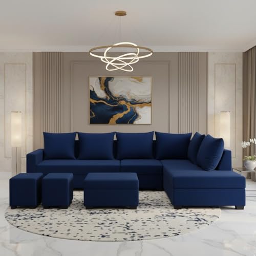 Image of FURNY Gloria 8 Seater Fabric RHS L Shape Sofa Set with 1 Centre Table & 2 Puffy (Dark Blue) Premium Velvet Finish | Ideal of Living Room