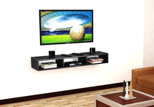 Image of Dime Store Wooden Wall Mounted Floating TV Stand /TV Entertainment Unit /TV Cabinet with Rack for Set Top Box & Decorative Objects /TV Stand for Living Room (Black, 32x5x8 inch)