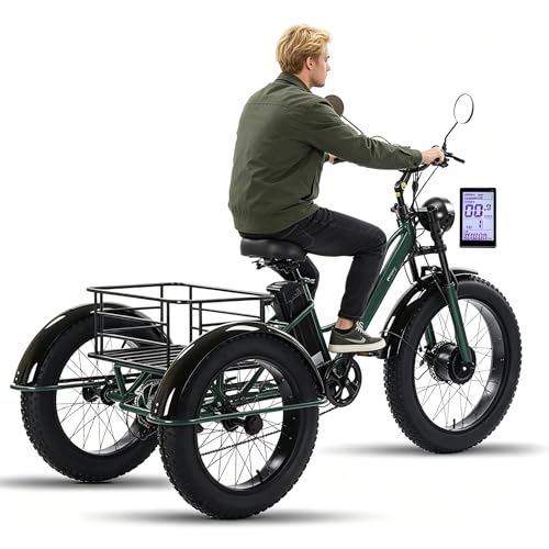 Triciclo Eléctrico De 7 Velocidades Para Personas Mayores,Bicicleta Eléctrica De 3 Ruedas (E-Trike) Con Cesta Grande,Con Neumáticos Anchos De 24' X 4.0' , Pantalla Lcd, Autonomía De 65 Km Green