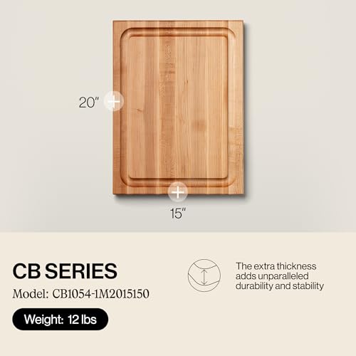 John Boos CB Series Rectangular Wooden Maple Cutting Board 20”x15” – 1.5” Thick, 12-lb Reversible Butcher Block with Juice Groove, Edge-Grain & Finger Grips – Made in the USA