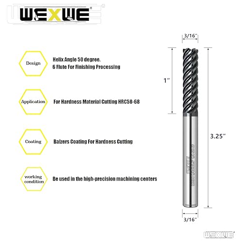 Image of Tools Extra Long Carbide End Mills,6 Flute Square Milling Cutter,High Helix Angle for High Hardness Steel Finshing Milling Processing - 3 /16 Shank (3 /16-3.25 inch 1PCS)
