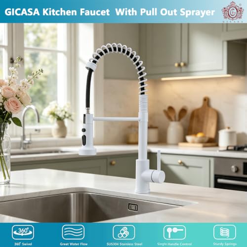 Image of Kitchen Faucet - Pull Down Sprayer,High arc Commercial Stainless Steel Kitchen Sink Faucet White