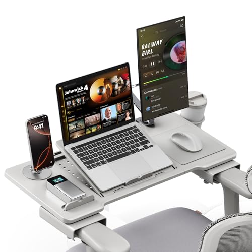 Newtral Home Office Laptop Desk for T-Shape Office Chair, Adjustable Portable Table Tray with Wrist Rest, Mouse Pad and Cup Holder, Stand for Working, Writing and Gaming (Grey, Standard)