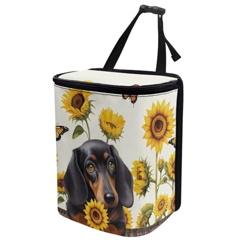 Image of Talayituse Dachshund Sunflower Butterfly Print Car Trash Can with Adjustable Straps, Foldable Car Trash Bag Bin Car Garbage Bag Multipurpose Storage Box for Vehicle Travel Camping Picnicing