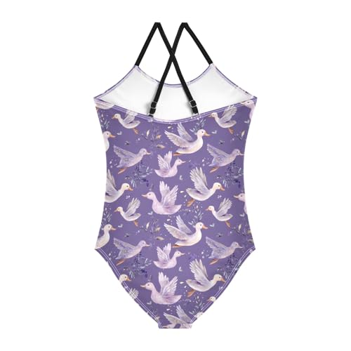 senya Girls Swimsuits One-Piece Swimwear Tie Bathing Suit Beach Summer Round Neck 5-6T Duck Purple Background Pattern2