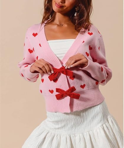 Image of Valentine's Day Cardigan Sweaters for Women Love Heart Print Button Down Cropped Cardigans Y2K Open Front Knit Sweater