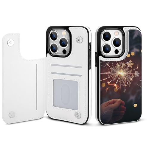 HKMNLEW Happy New Year Print Flip Phone Wallet Case iPhone 14 Pro�p PU���U�[���C�ϏՌ��d�b�P�[�X�J�o�[ �J�[�h�z���_�[�t��