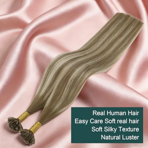 Image of Easyouth 20 Inch Brown U Tip Hair Extensions Ombre, Utip Hair Extensions Human Hair Balayage, 50G 50S, Medium Brown Fading to Platinum Blonde Mix Brown, Ktip Hair Extension, for Various Occasions