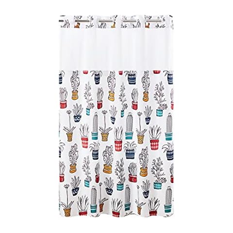 Hookless Cactus Print Fabric Shower Curtain Set with PEVA Snap-in Liner, No Hooks Required, Machine Wash, Stamdard Size Measures 71" x 74" Cover