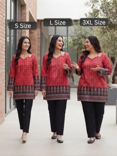 Image of GRECIILOOKS Short Kurti for Women - Printed Modern Tunic Top | Long Ethnic Wester Tops for Woman| Full Sleeve Indo Western Tunic | Comfortable Rich Kurti Tops for Office and Casual