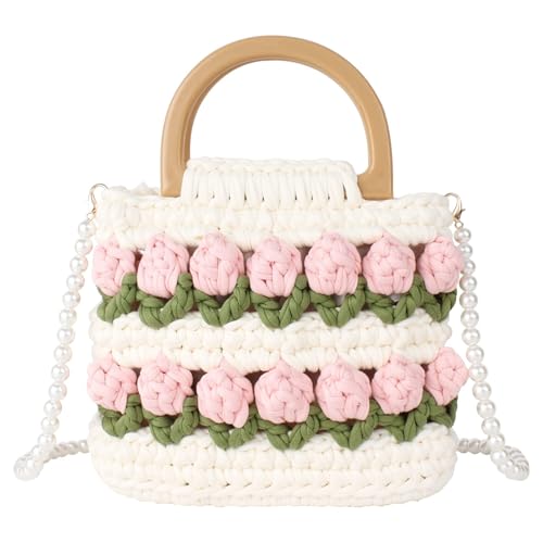 Women's Handbag Yarn Crochet Top Handle Purse Cute Tulip Handmade Beaded Crossbody Shoulder