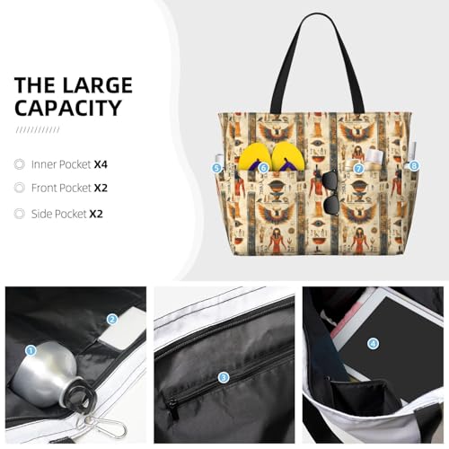 Large Beach Bags for Women Sandproof - Retro Egypt Pattern Print Summer Work Travel Tote Bags with Zipper3